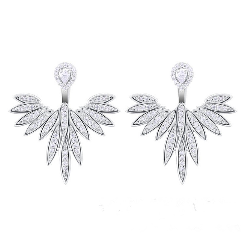 S925 Silver needle European-style copper inlaid zircon geometric feather simple women's short stud earrings, double women's stud earrings detail image 5