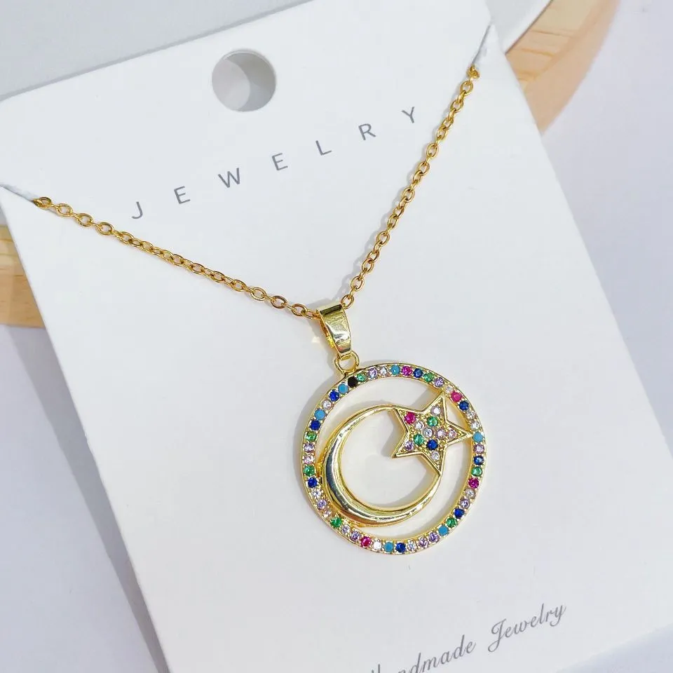 DIY Bohemian minimalist and fashionable colored zircon star and moon necklace pendant accessories detail image 2