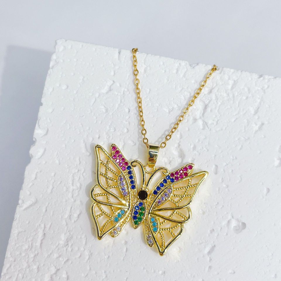 European and American cross-border supply, niche and unique hip-hop fashion accessories, design sense, colorful zircon butterfly necklace pendant for women detail image 4