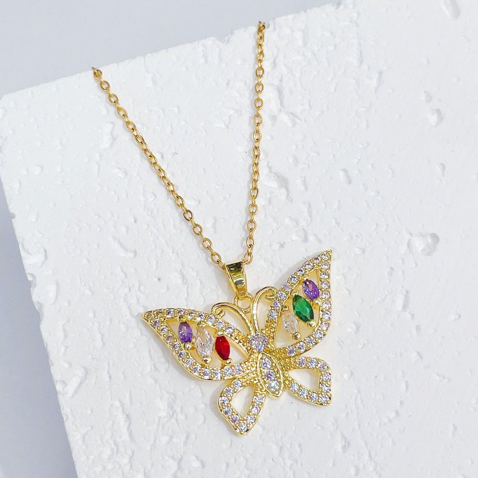 European and American cross-border supply, niche and unique hip-hop fashion accessories, design sense, colorful zircon butterfly necklace pendant for women Specification image