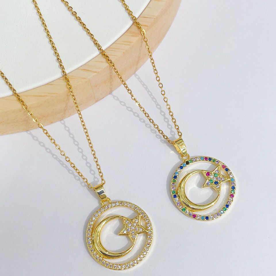 DIY Bohemian minimalist and fashionable colored zircon star and moon necklace pendant accessories