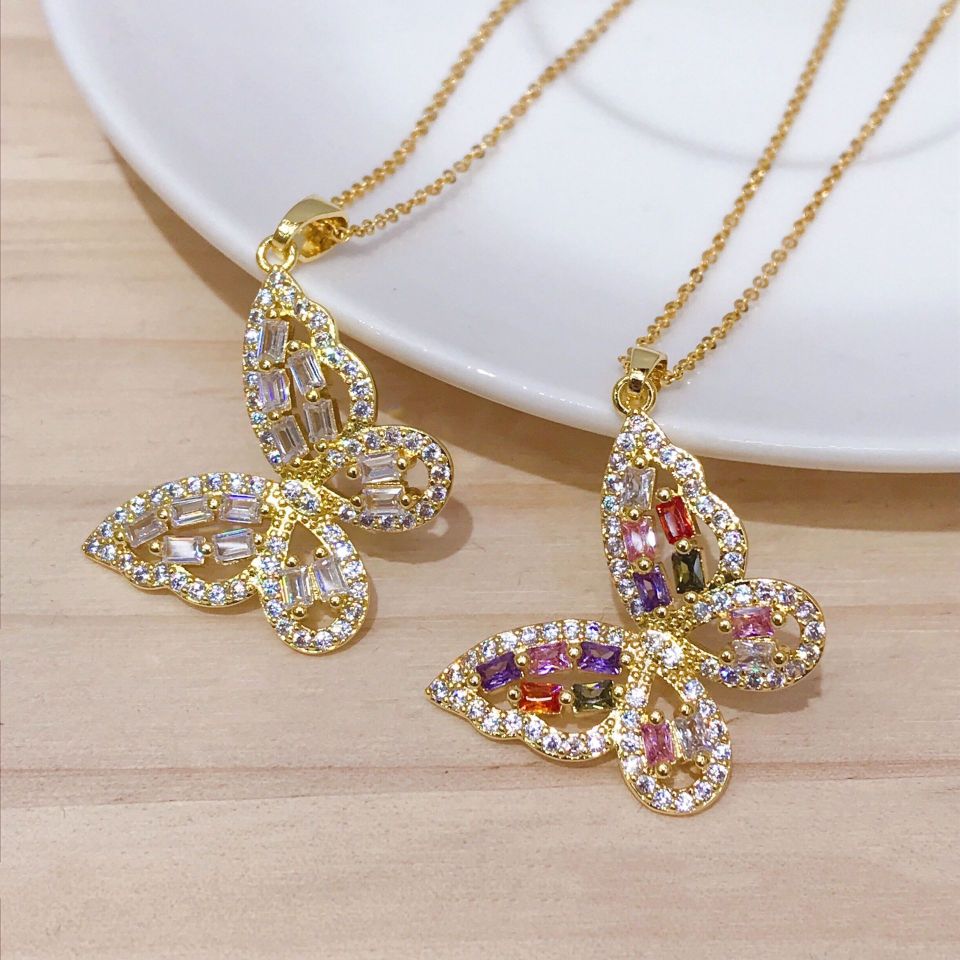 European and American cross-border supply, niche and unique hip-hop fashion accessories, design sense, colorful zircon butterfly necklace pendant for women