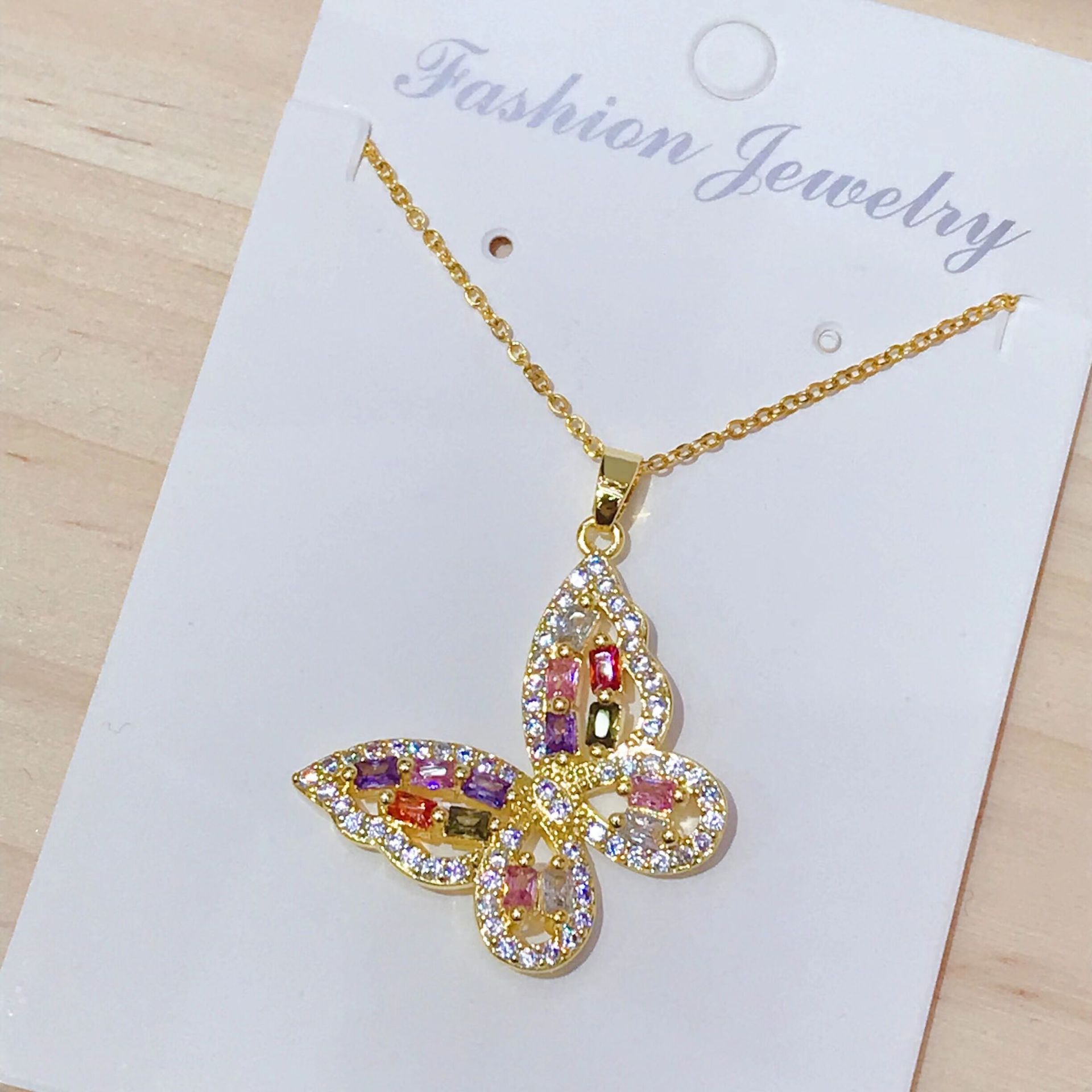 European and American cross-border supply, niche and unique hip-hop fashion accessories, design sense, colorful zircon butterfly necklace pendant for women details Picture