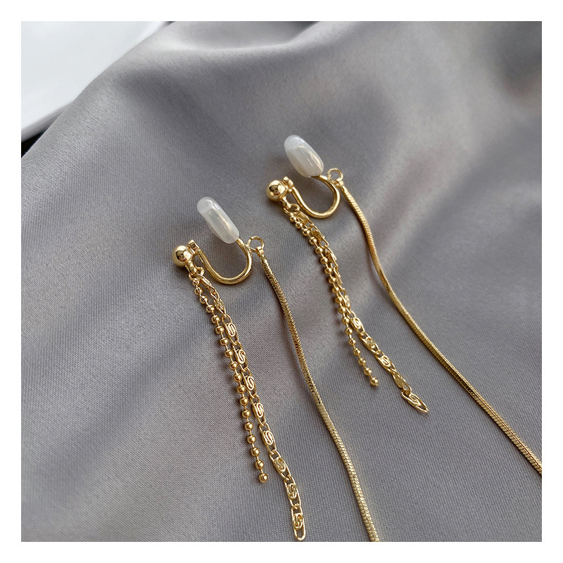 Painless ear clips, no ear holes, long tassel chain for women, high-end, retro French, simple and slimming, elegant earrings Specification image