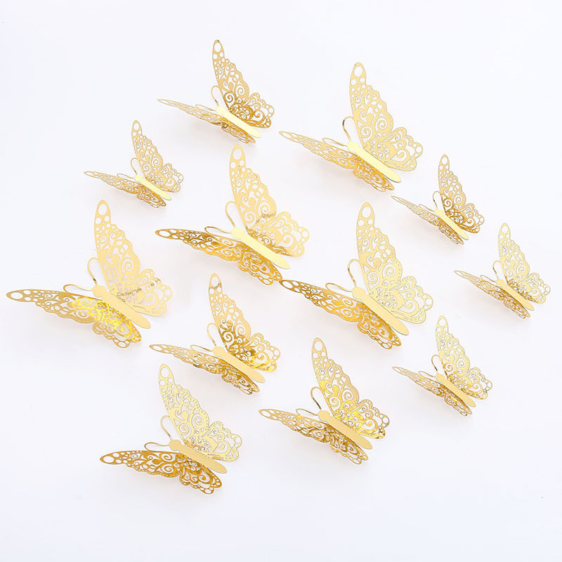 Interior Wall Decoration 3D Hollow Butterfly Metal Texture Gold Silver Pink Blue Rose Gold Multi-Color Hollow Three-Dimensional Butterfly Wall Attachment Refrigerator Sticker Party Decoration Sticker undefined