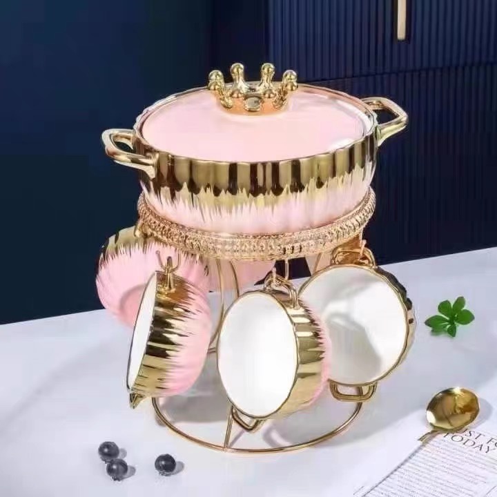 European-style high-end yellow crown gilded double-ear soup pot, light luxury and creative set, Yongsheng Ceramics YS Application Scenario