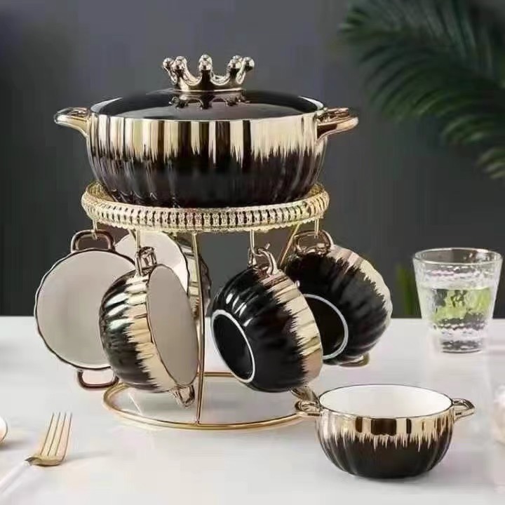 European-style high-end yellow crown gilded double-ear soup pot, light luxury and creative set, Yongsheng Ceramics YS Specification image