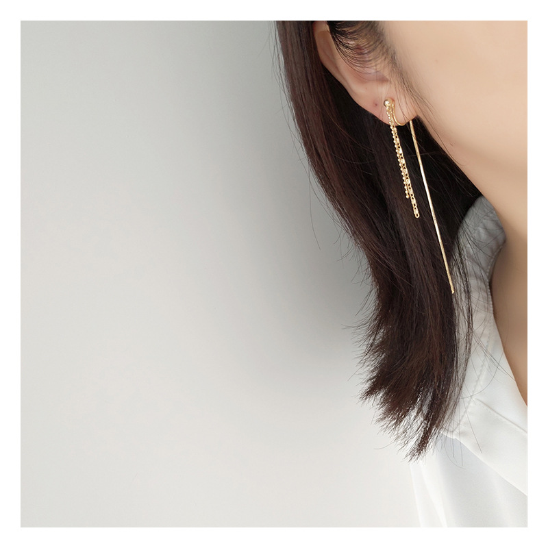 Painless ear clips, no ear holes, long tassel chain for women, high-end, retro French, simple and slimming, elegant earrings detail image 4