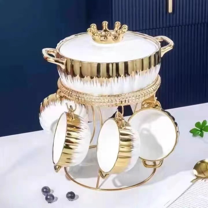 European-style high-end yellow crown gilded double-ear soup pot, light luxury and creative set, Yongsheng Ceramics YS details Picture