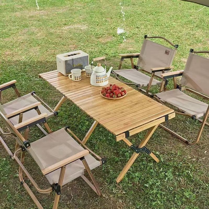 Star Outdoor Table and Chair Folding portable one table and four chairs, courtyard camping aluminum alloy leisure egg roll table, camping table, outdoor portable camping picnic bamboo table, lightweight cake table, complete set vehicle, folding coffee table and dining table for dual use details Picture
