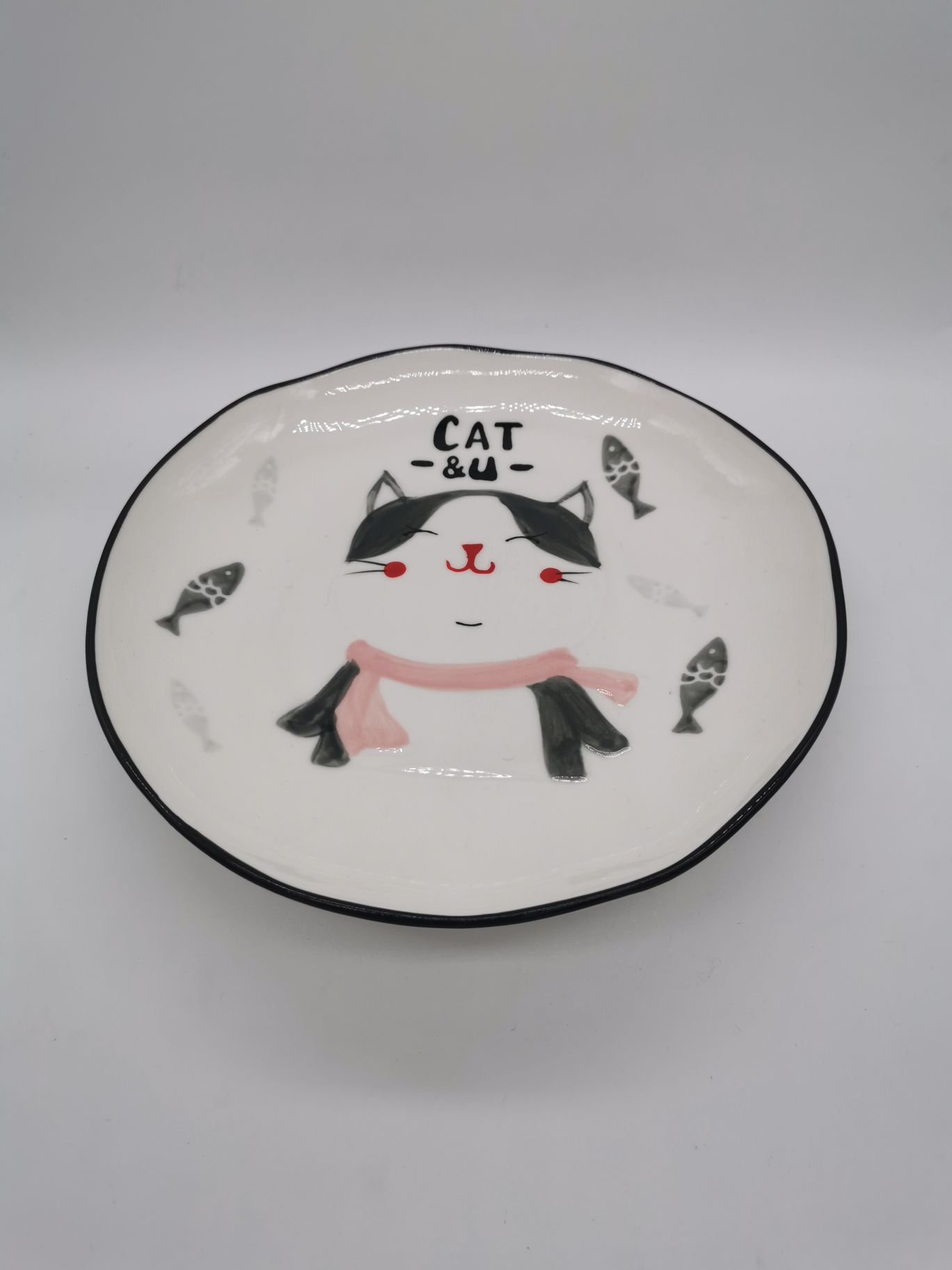 陶瓷手彩灰小猫浅盘