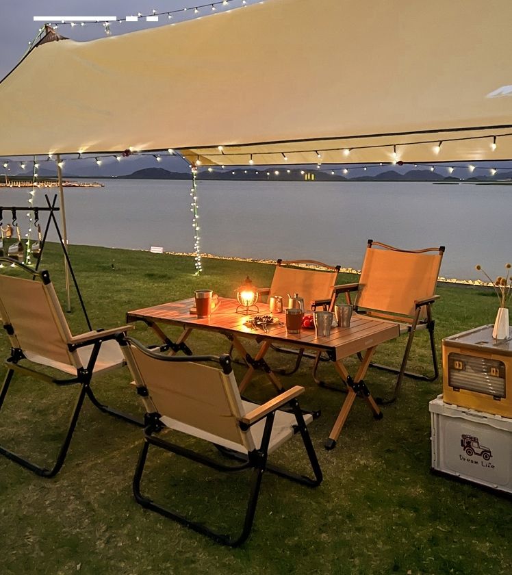 Star Outdoor Table and Chair Folding portable one table and four chairs, courtyard camping aluminum alloy leisure egg roll table, camping table, outdoor portable camping picnic bamboo table, lightweight cake table, complete set vehicle, folding coffee table and dining table for dual use Item Picture