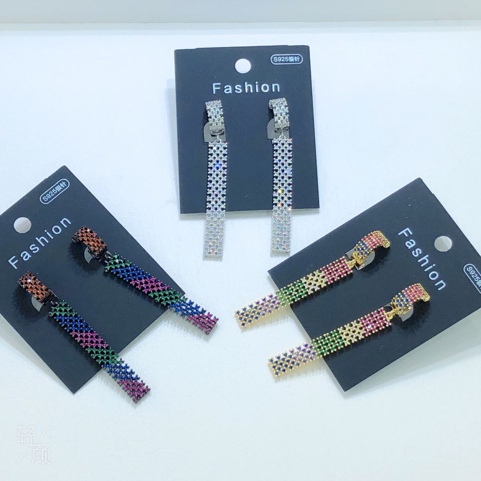 Micro-inlaid zircon stud long earrings, exaggerated light luxury earrings, eco-friendly color, real gold electroplated, cross-border factory wholesale details Picture
