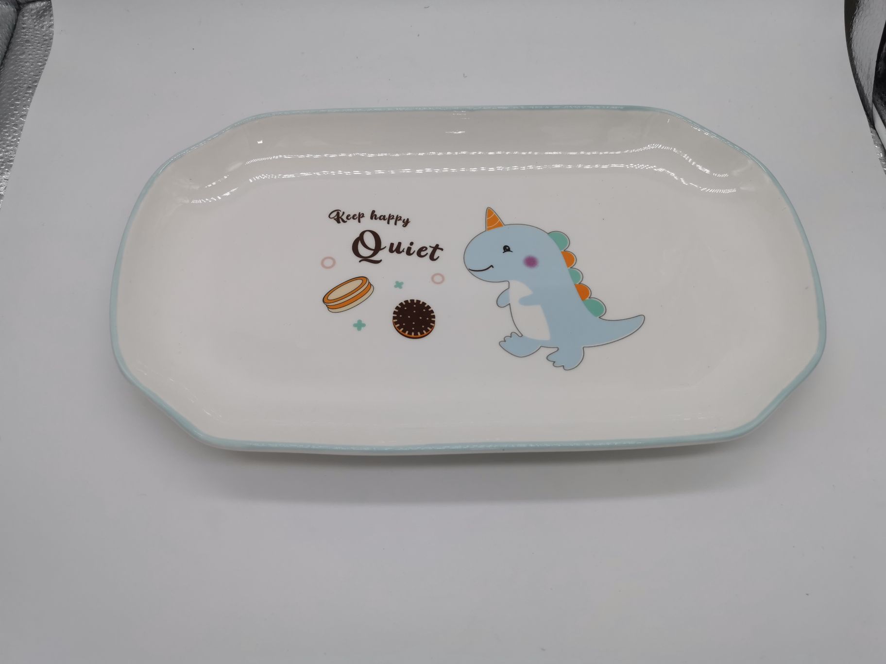 蓝色卡通恐龙长方盘陶瓷