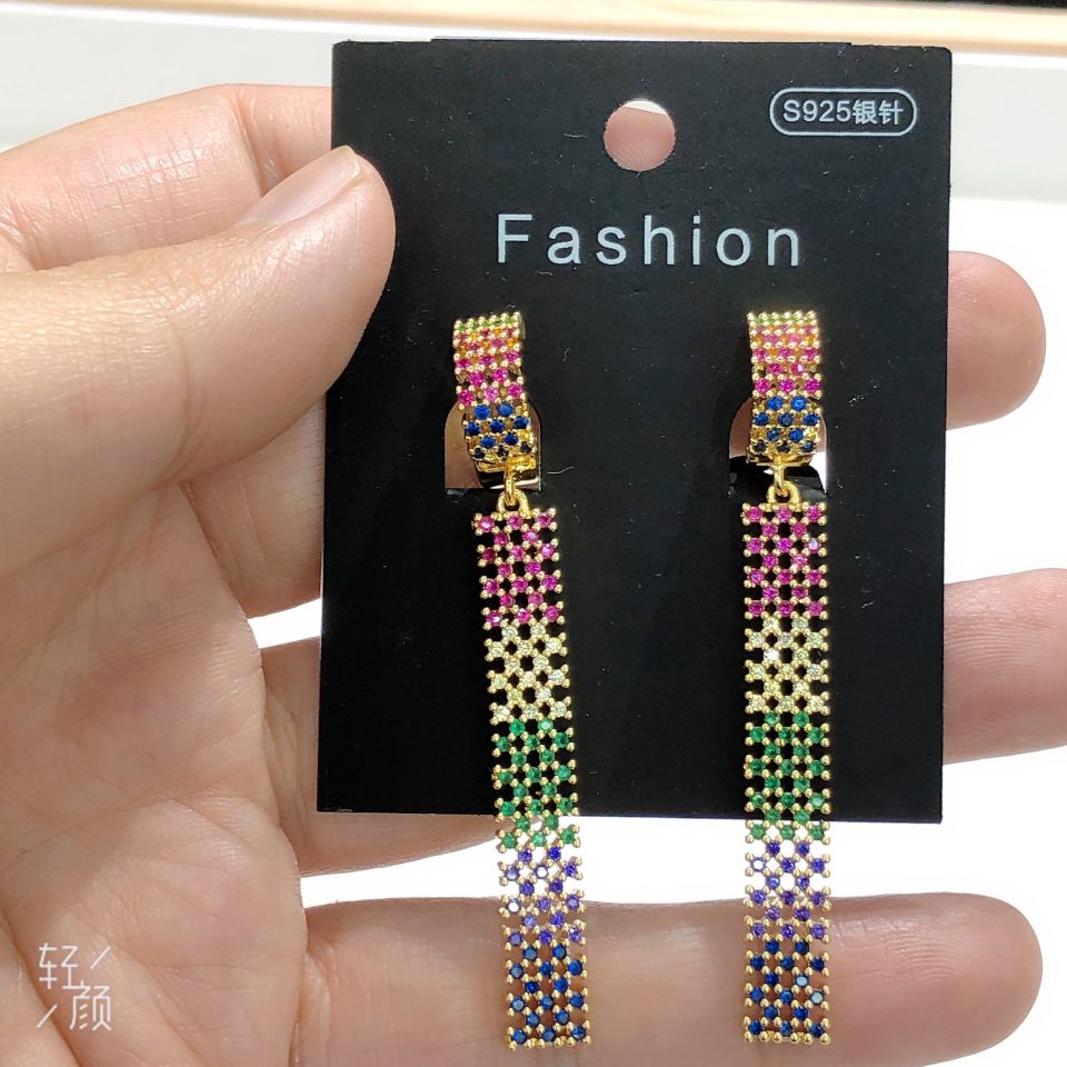 Micro-inlaid zircon stud long earrings, exaggerated light luxury earrings, eco-friendly color, real gold electroplated, cross-border factory wholesale