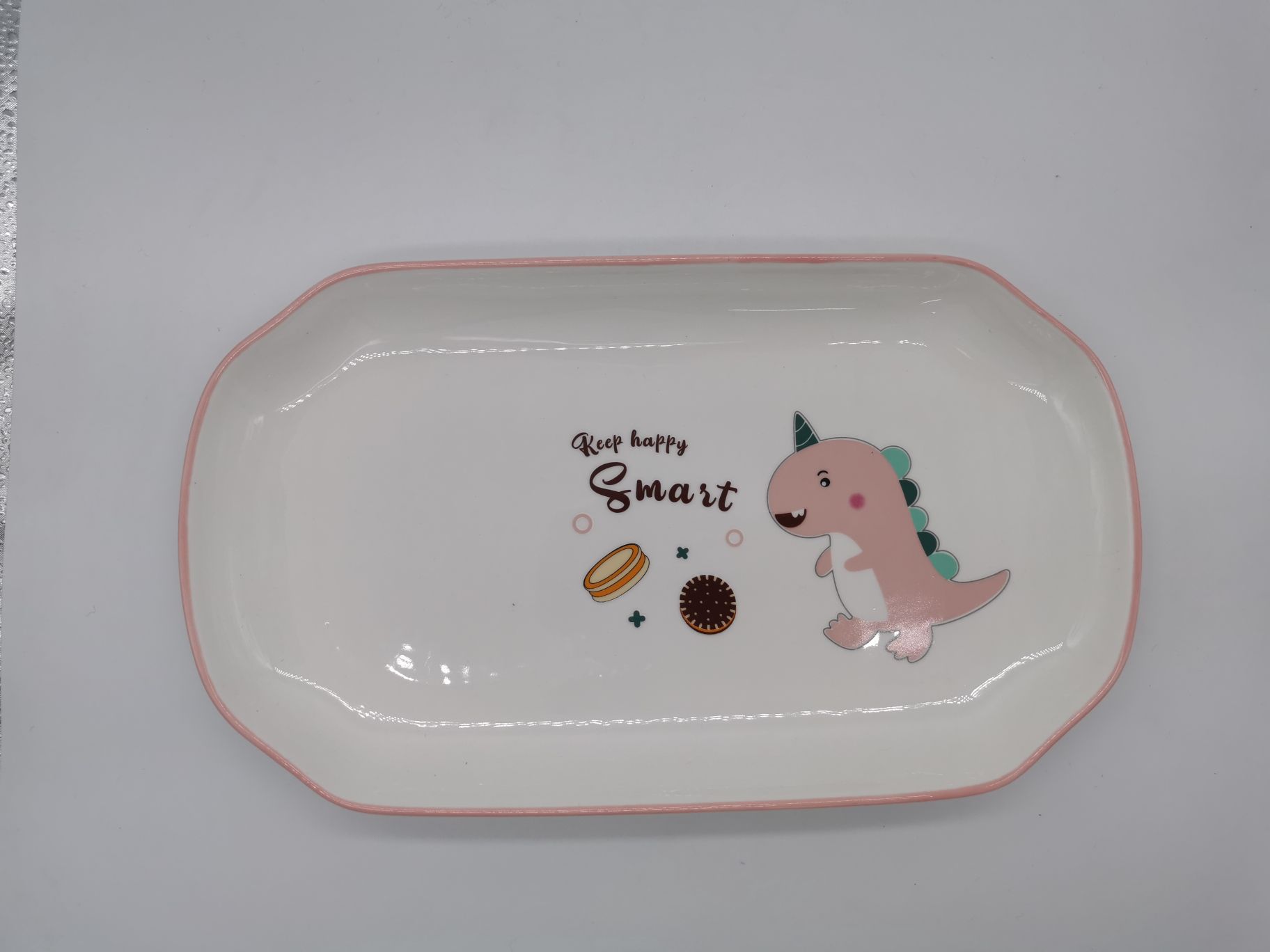 粉色卡通恐龙长方盘陶瓷