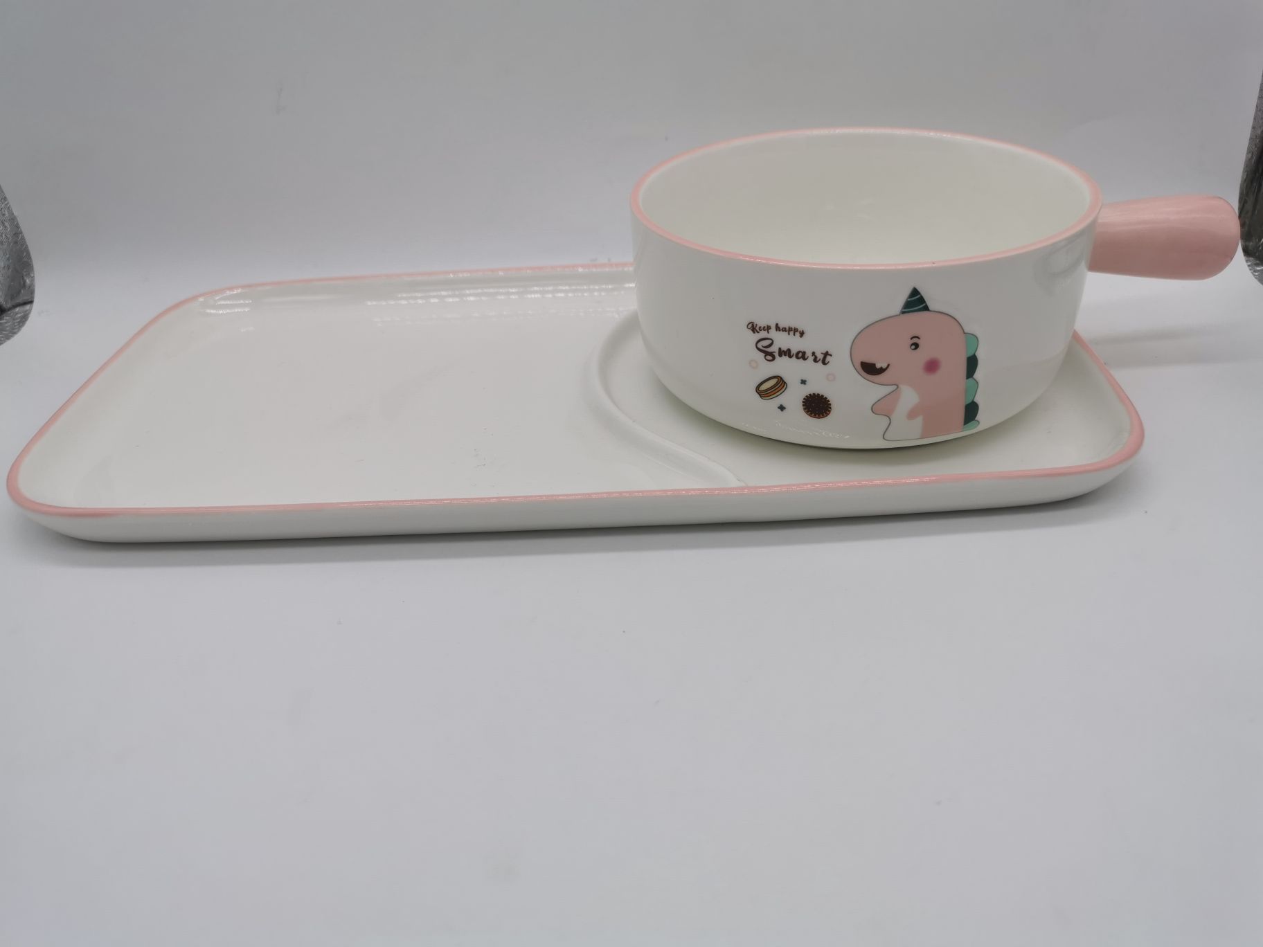 粉色卡通恐龙陶瓷面把碗连盘