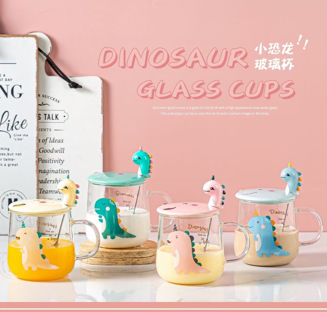 四色卡通恐龙玻璃陶瓷杯