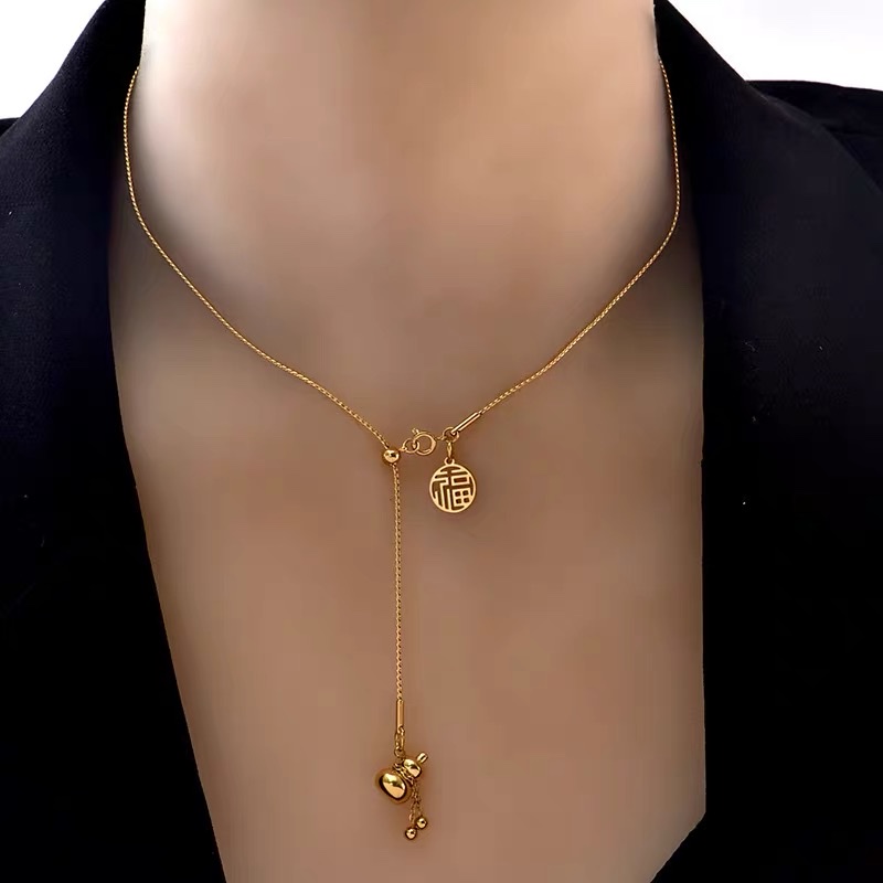 Chinese-style gourd-shaped tassel titanium steel necklace, women's ins light luxury high-end design collarbone chain necklace accessory