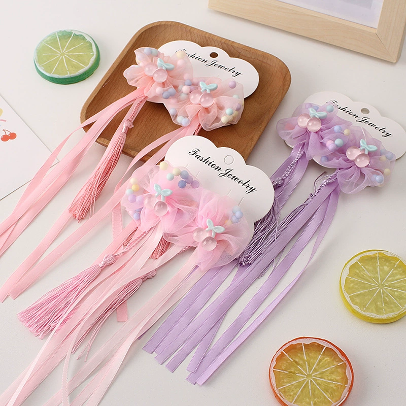 Children's ancient-style hair accessories, bow tassel hair clips, Hanfu ribbon double clips, pearl flower princess side clips, duckbeak clips