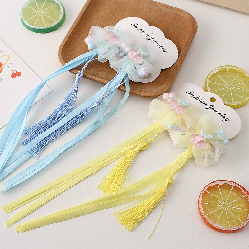 Children's ancient-style hair accessories, bow tassel hair clips, Hanfu ribbon double clips, pearl flower princess side clips, duckbeak clips details Picture