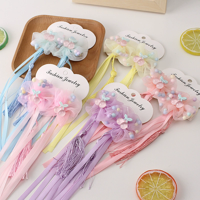 Children's ancient-style hair accessories, bow tassel hair clips, Hanfu ribbon double clips, pearl flower princess side clips, duckbeak clips Specification image