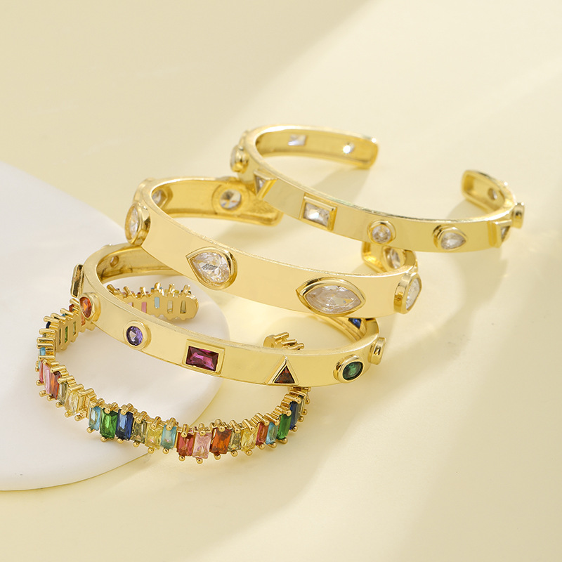 Cross-border exclusive new European and American geometric jewelry, brass gold-plated micro-inlaid zircon water drop bracelet, niche seven-color bracelet details Picture