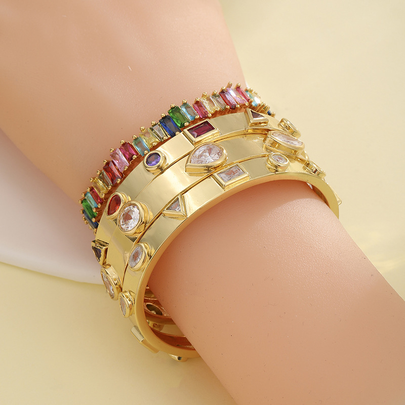 Cross-border exclusive new European and American geometric jewelry, brass gold-plated micro-inlaid zircon water drop bracelet, niche seven-color bracelet