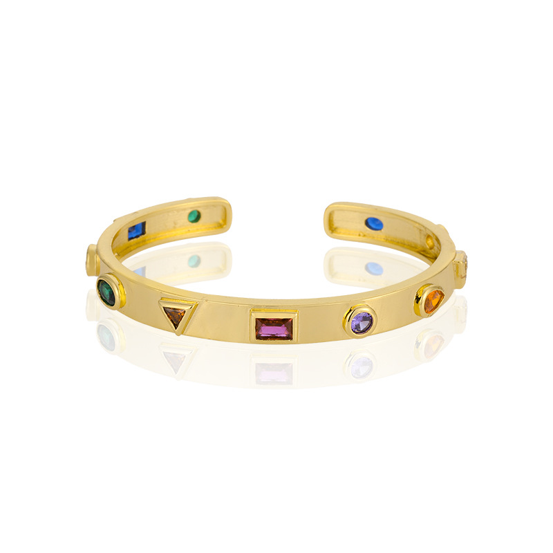 Cross-border exclusive new European and American geometric jewelry, brass gold-plated micro-inlaid zircon water drop bracelet, niche seven-color bracelet detail image 5
