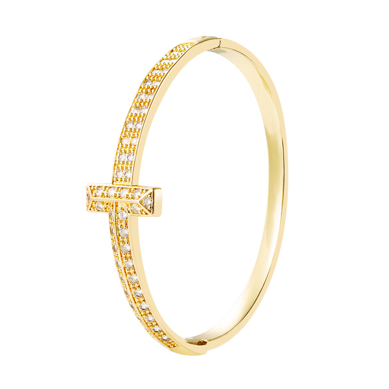 Cross-border European and American creative and personalized LOVE letter open bracelet, copper-plated real gold zircon geometric T-shaped buckle bracelet detail image 5