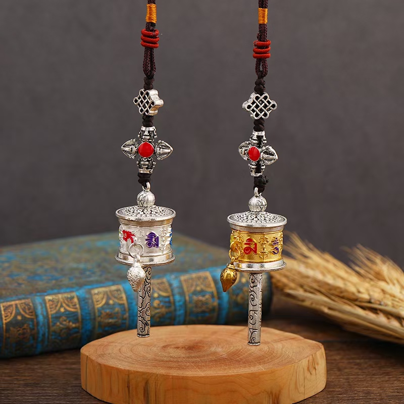 Tibetan-style prayer wheel small pendant, Tibetan-style prayer wheel bag pendant, alloy oil dripping six-character true words, prayer wheel waist plate, tourist attraction souvenirs, Smooth jewelry store