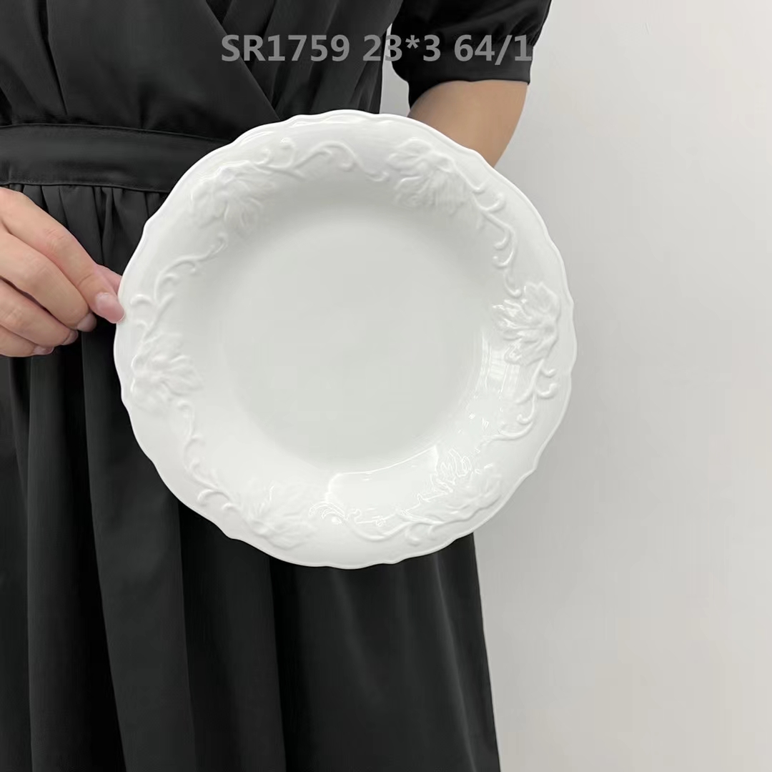 方圆陶瓷白色酒店陶瓷餐具家居日用西餐盘餐具浮雕西餐盘FY6858488