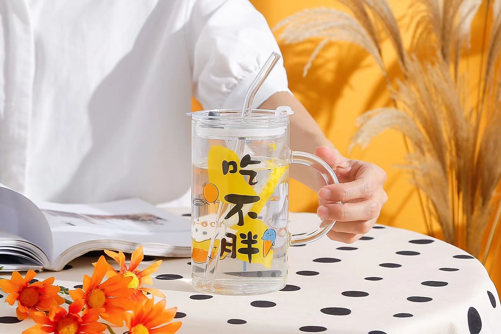 网红不要熬夜快乐玻璃带吸管带盖水杯高温水杯FJJDBHH6885详情图7