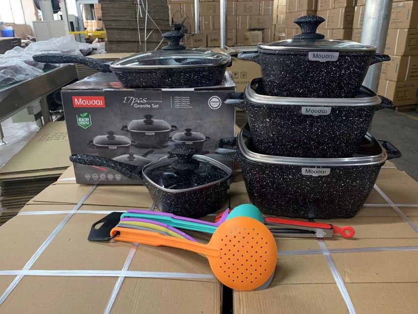 17pcs square marble non-stick pan, tourmaline pot, aluminum pan