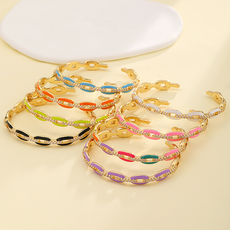 Cross-border bestseller Bohemian-style jewelry: brass gold-plated micro-inlaid zircon oil-dripping ring, niche chain bracelet