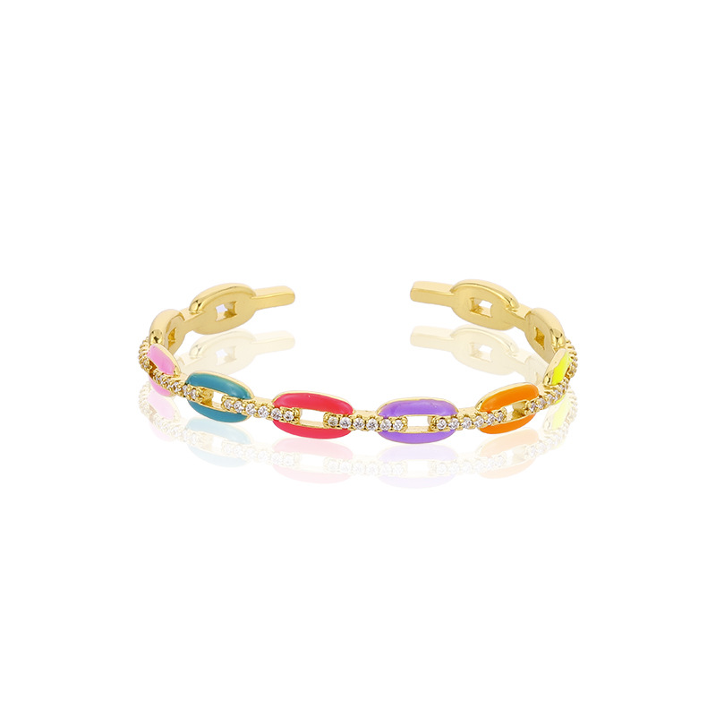 Cross-border bestseller Bohemian-style jewelry: brass gold-plated micro-inlaid zircon oil-dripping ring, niche chain bracelet detail image 2