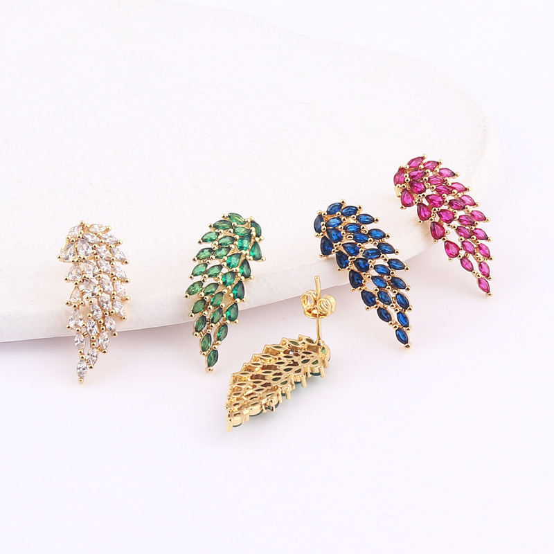 European and American cross-border creative copper gold-plated colored zircon inlaid symmetrical angel wing-shaped ear studs