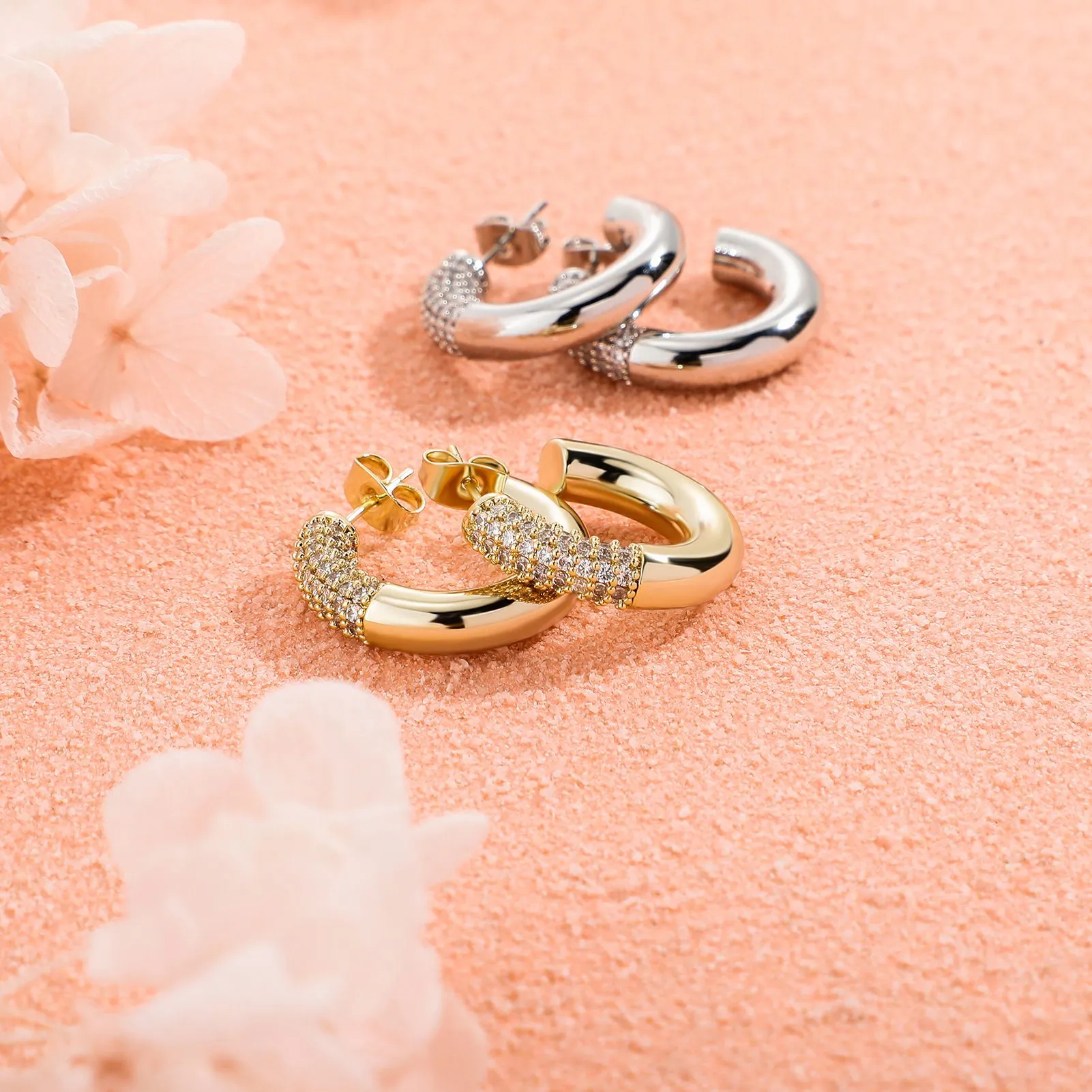 Micro-inlaid zircon earrings, geometric C-shaped rings, simple earrings with smooth stitching detail image 3