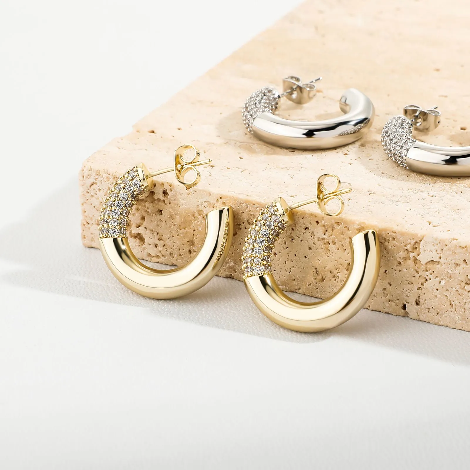 Micro-inlaid zircon earrings, geometric C-shaped rings, simple earrings with smooth stitching detail image 2