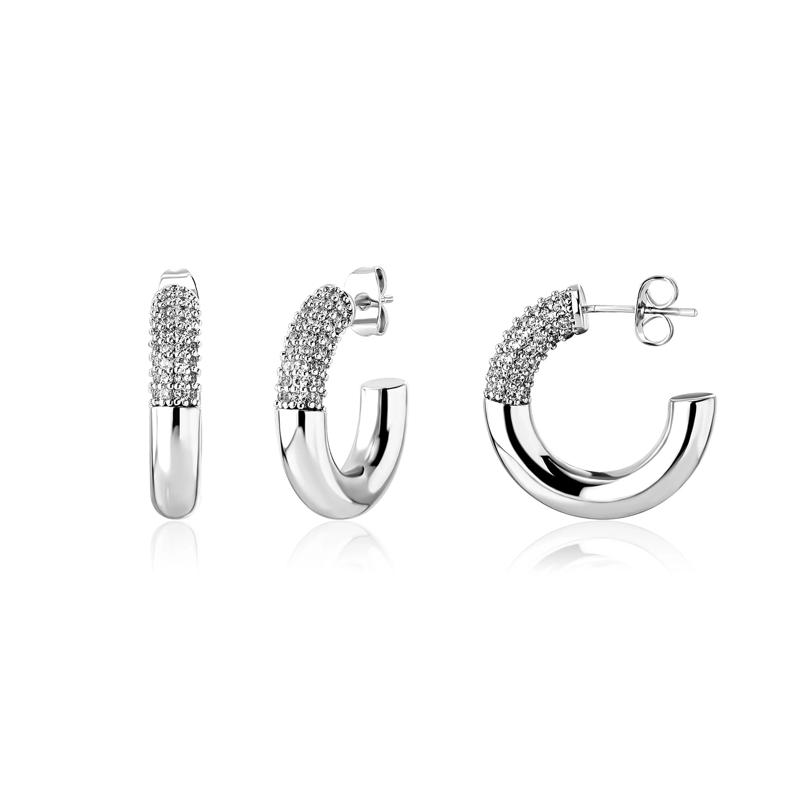 Micro-inlaid zircon earrings, geometric C-shaped rings, simple earrings with smooth stitching detail image 5