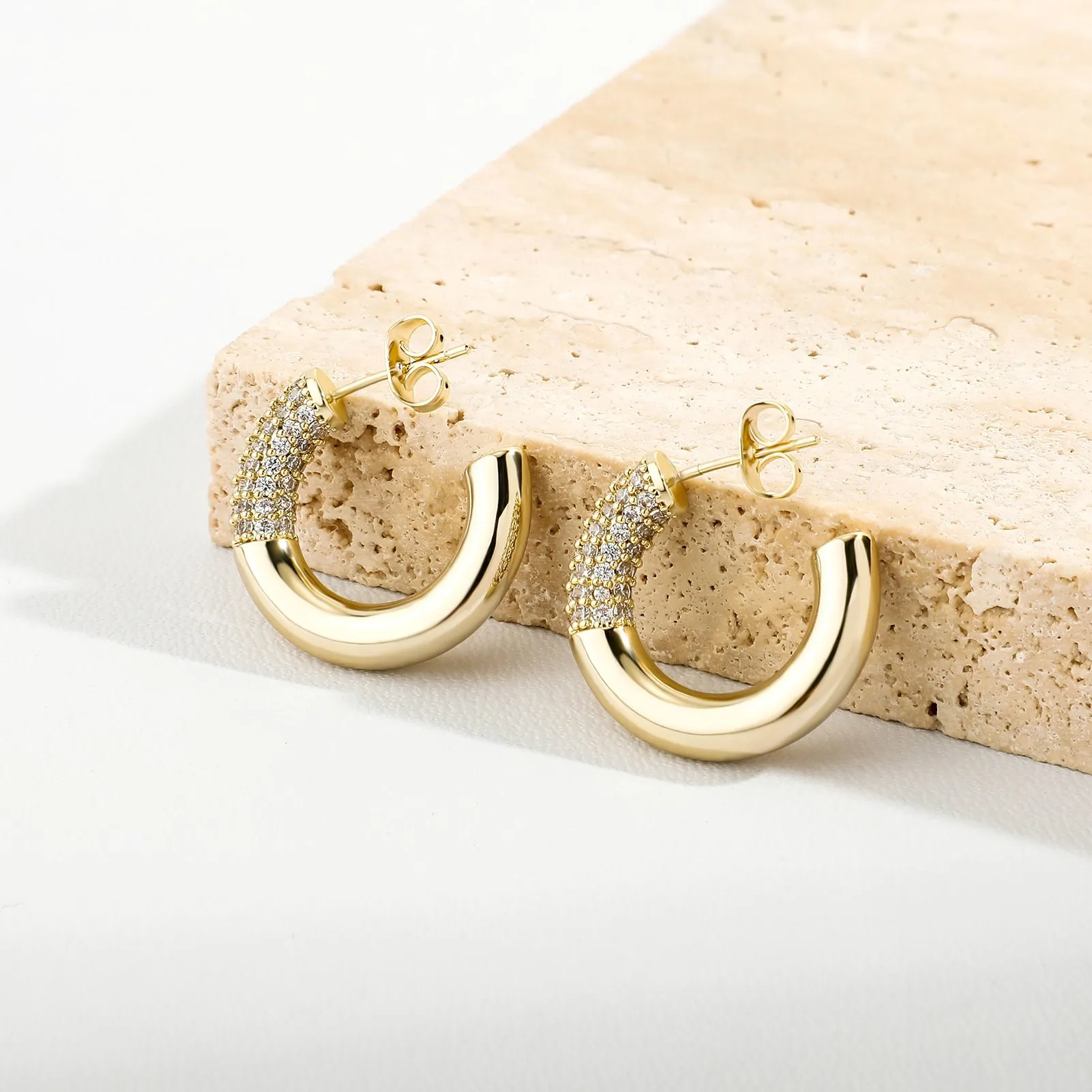 Micro-inlaid zircon earrings, geometric C-shaped rings, simple earrings with smooth stitching detail image 4