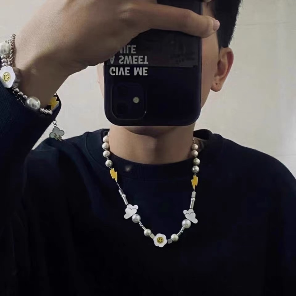 现货原创网红项链嘻哈珍珠钛钢闪电云朵太阳花笑脸拼接时尚手链