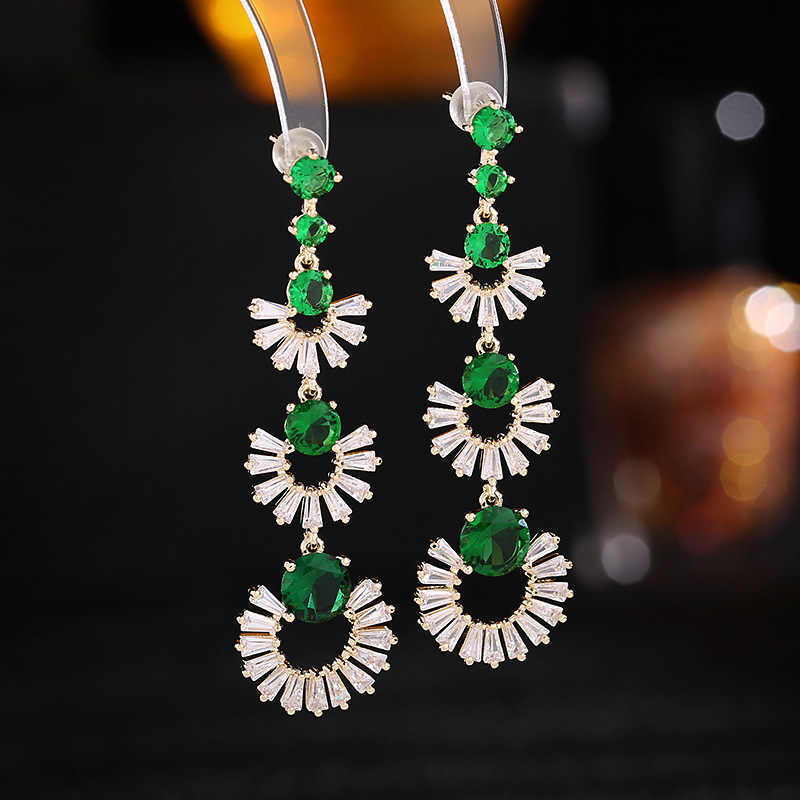 Cross-border Korean earrings for women, light luxury color zirconium retro 925 silver earrings, round face slimming long geometric fan-shaped earrings