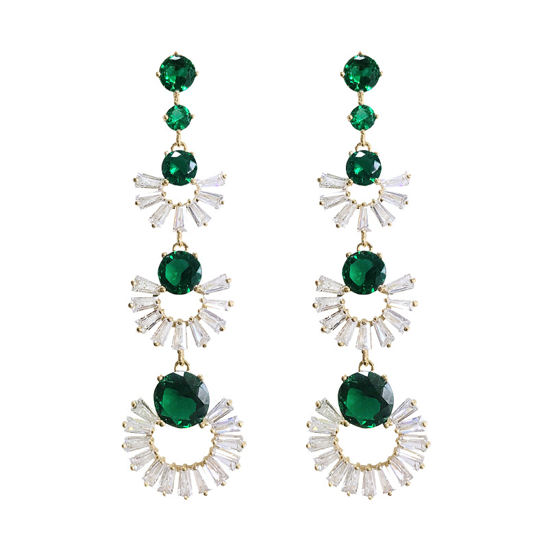 Cross-border Korean earrings for women, light luxury color zirconium retro 925 silver earrings, round face slimming long geometric fan-shaped earrings detail image 5