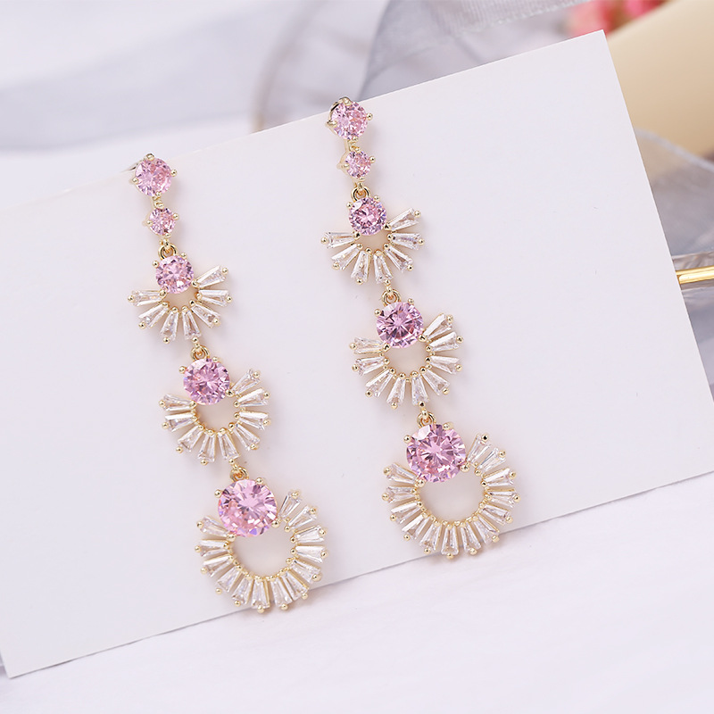 Cross-border Korean earrings for women, light luxury color zirconium retro 925 silver earrings, round face slimming long geometric fan-shaped earrings detail image 6