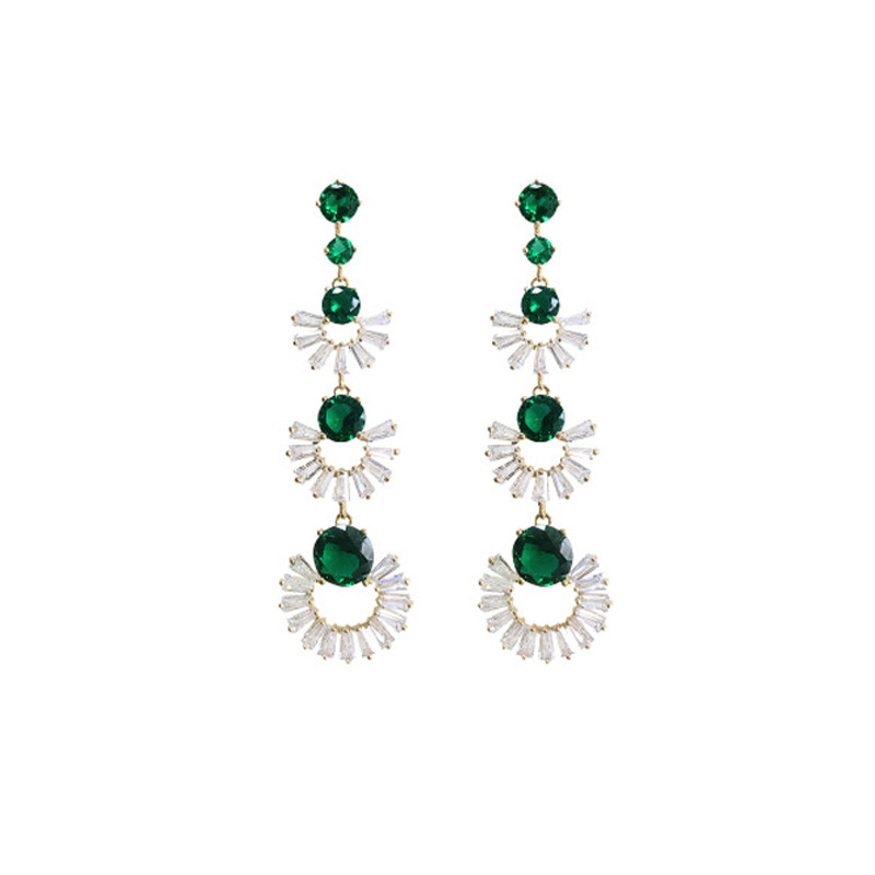 Cross-border Korean earrings for women, light luxury color zirconium retro 925 silver earrings, round face slimming long geometric fan-shaped earrings Specification image
