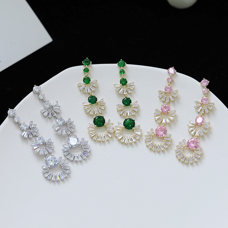 Cross-border Korean earrings for women, light luxury color zirconium retro 925 silver earrings, round face slimming long geometric fan-shaped earrings details Picture