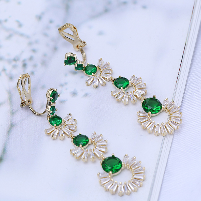 Cross-border Korean earrings for women, light luxury color zirconium retro 925 silver earrings, round face slimming long geometric fan-shaped earrings detail image 7