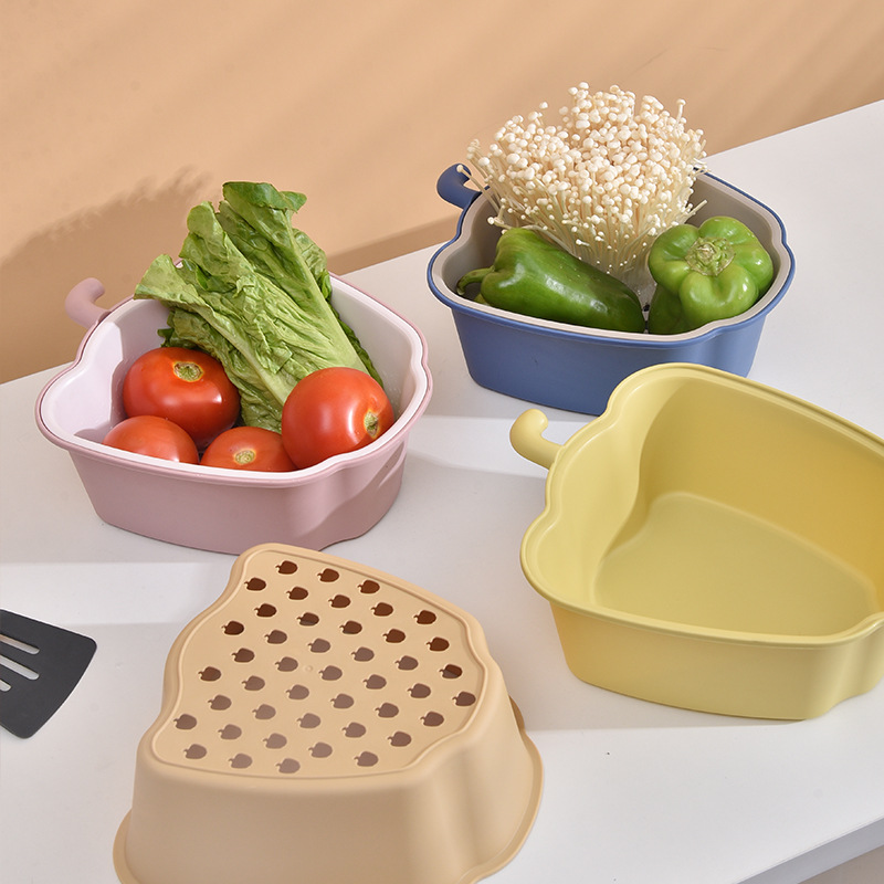 Y123-580家用创意苹果造型塑料沥水篮厨房双层双色果蔬镂空沥水篮详情图2