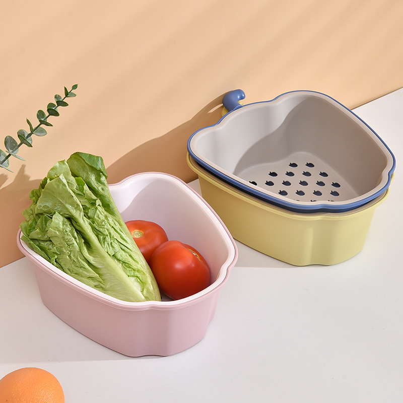 Y123-580家用创意苹果造型塑料沥水篮厨房双层双色果蔬镂空沥水篮详情图1